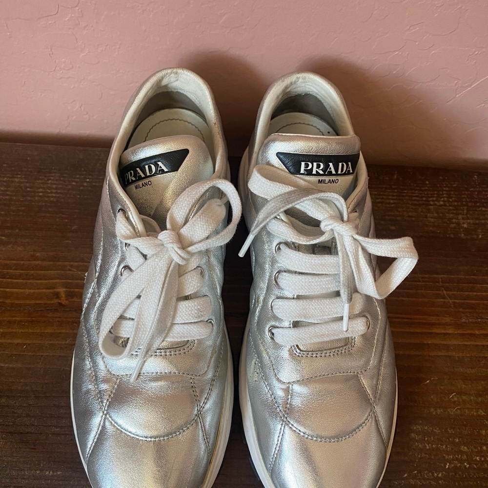 Prada Metallic Silver Lace-Up Sneakers - Picture 6 of 7
